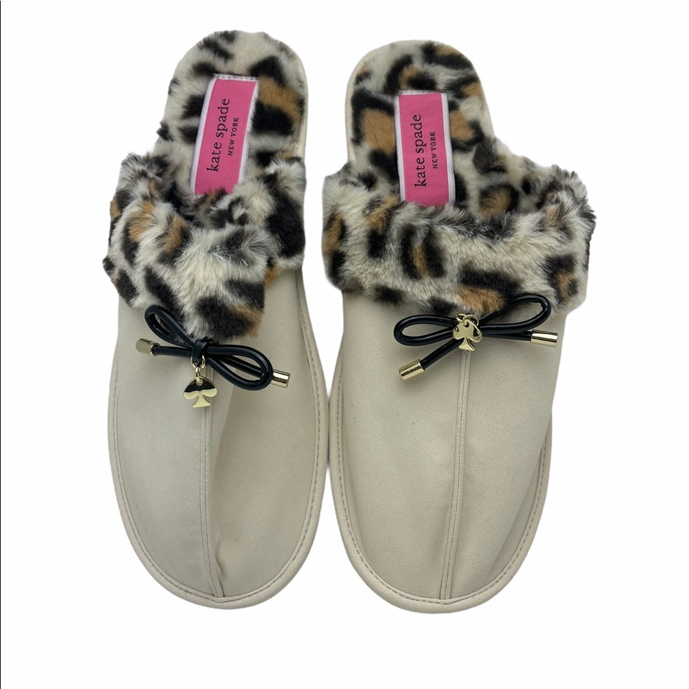Kate Spade Cream Slippers with Leopard Print and Black Bow